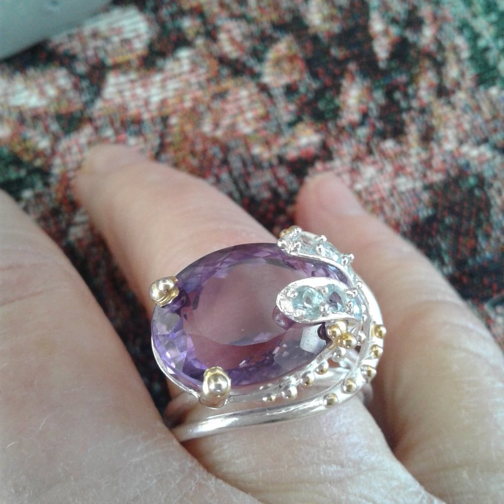 Gorgeous artisan vintage large  amethyst Sky Blue Topaz Accents ring stamped 925